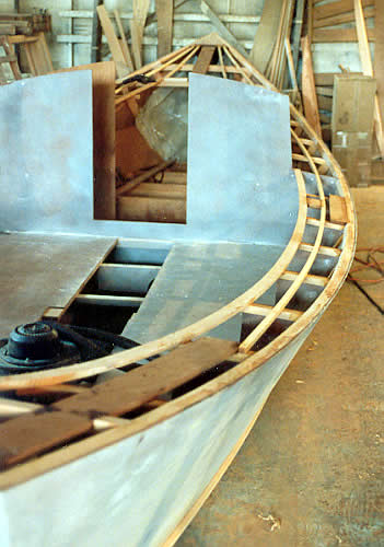Custom wooden boat building the 27' St. Pierre Dory deck